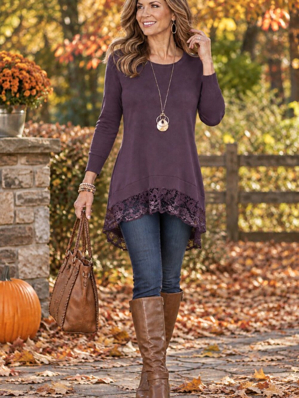 LOGO by Lori Goldstein Tunic Sweater w/Lace Ribbed HiLo Hem Brown L